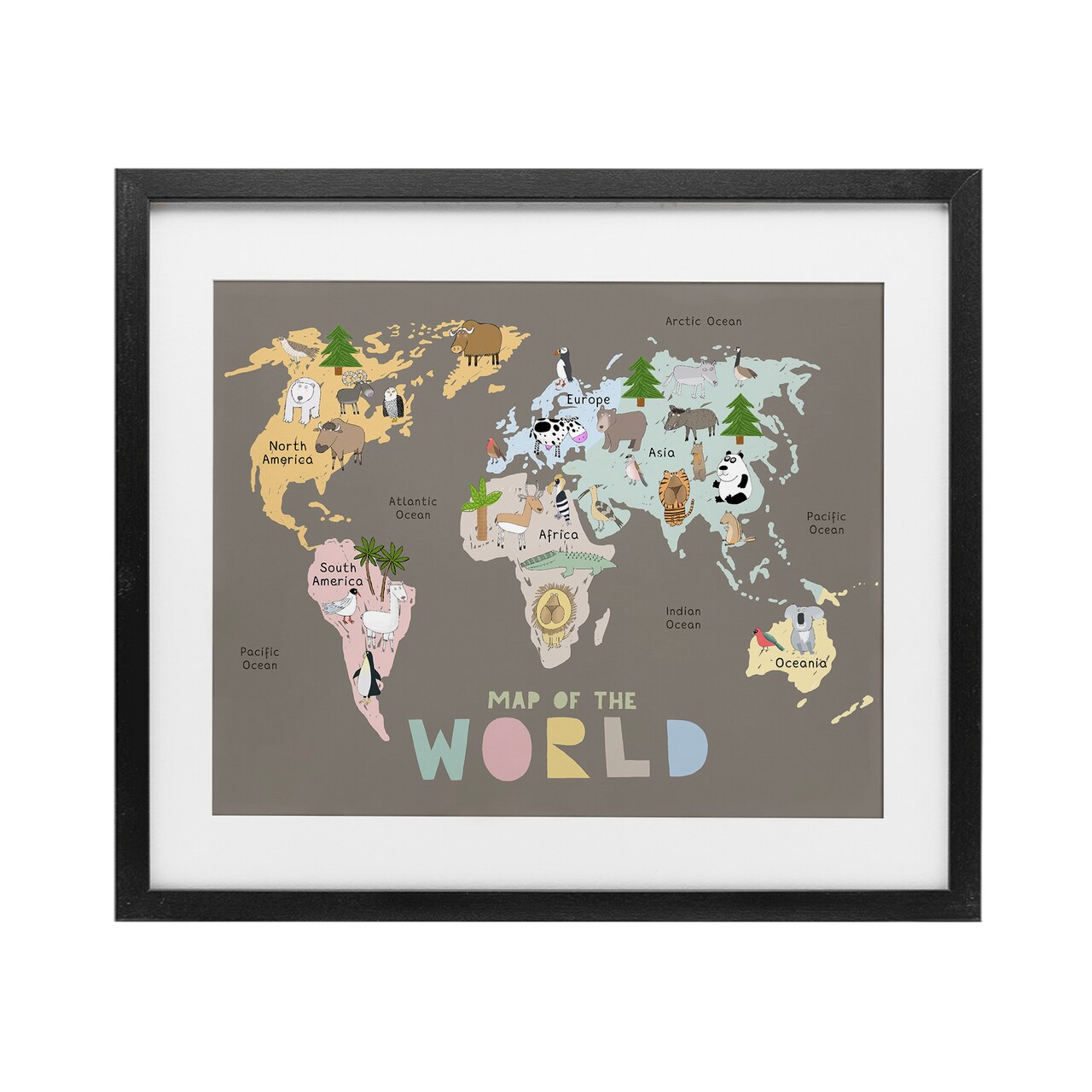 Stupell Industries Kid's Map Of World Brown Framed Print Under Glass, design by Carla Daly